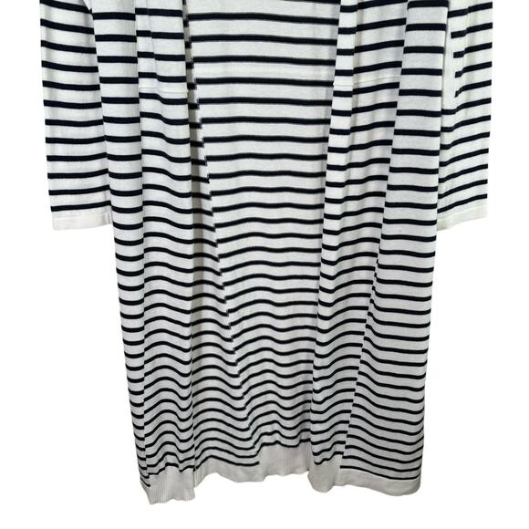 Cabi Duster Cardigan Open Sweater Women's Medium Navy Cream Striped Long Knit - Picture 4 of 13